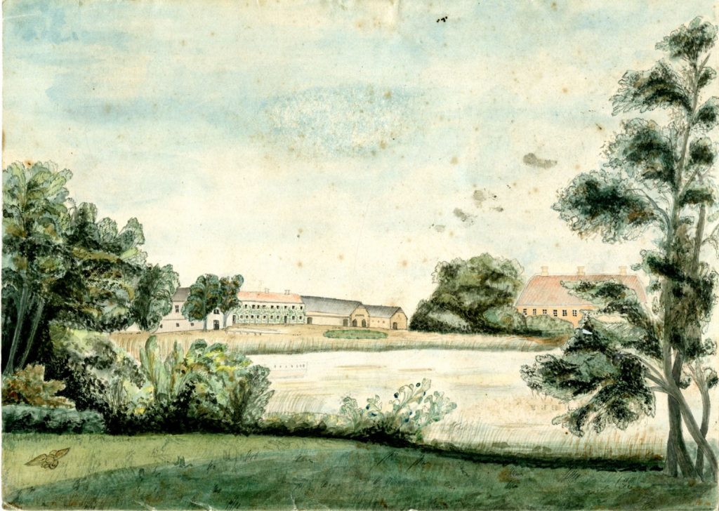 Herregården Pederstrup set fra søen. Maleri ca. 1820