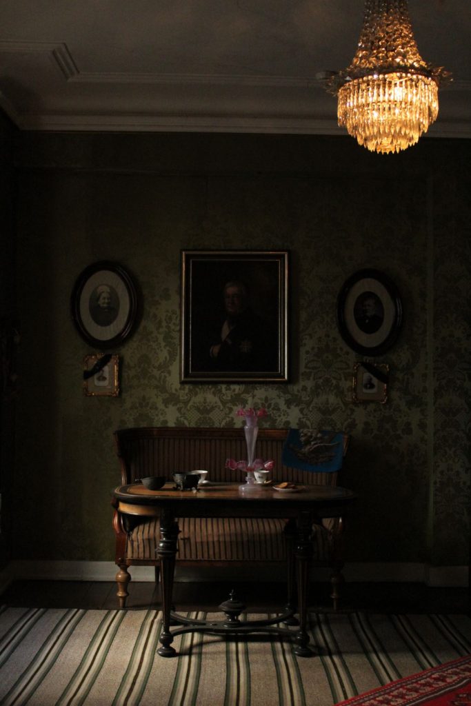 Living room with chandelier