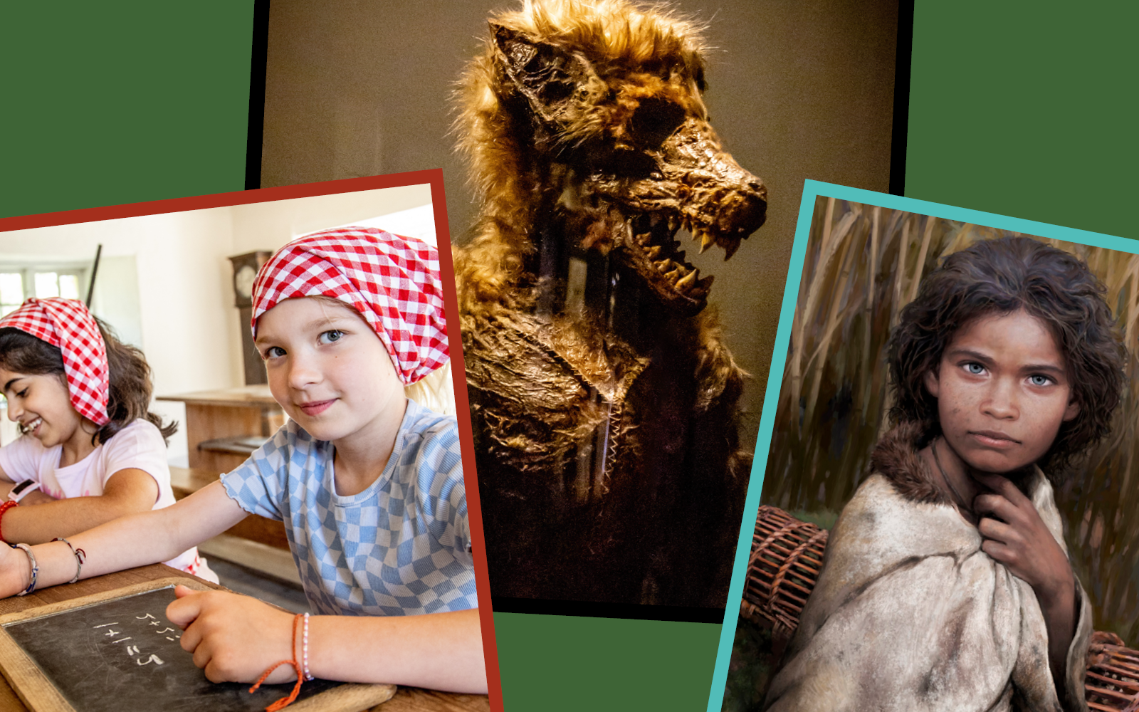 Bildcollage mit einem Werwolf, Schulkindern im Freilichtmuseum und dem Steinzeitmädchen Lola.