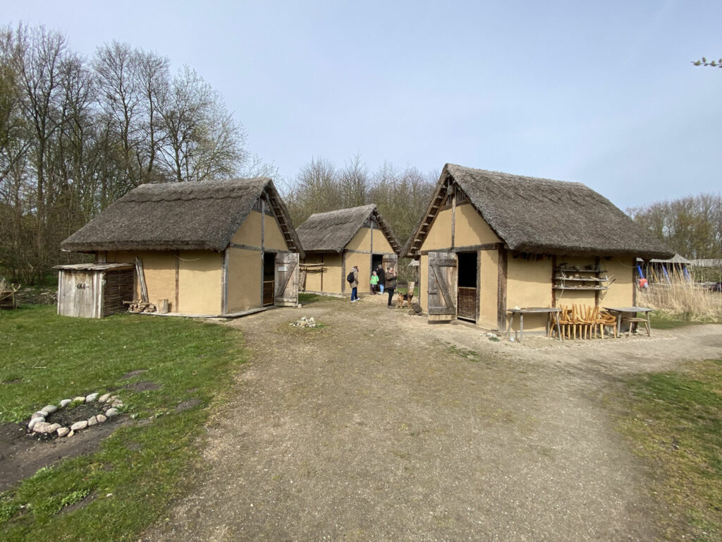 Rekonstruerede kystslaviske huse med stråtag i Oldenburger Wallmuseum. Væggene er opført af flettede ris, som er beklasket med ler - meget lig samtidig dansk byggeskik. Foto: Museum Lolland-Falster.