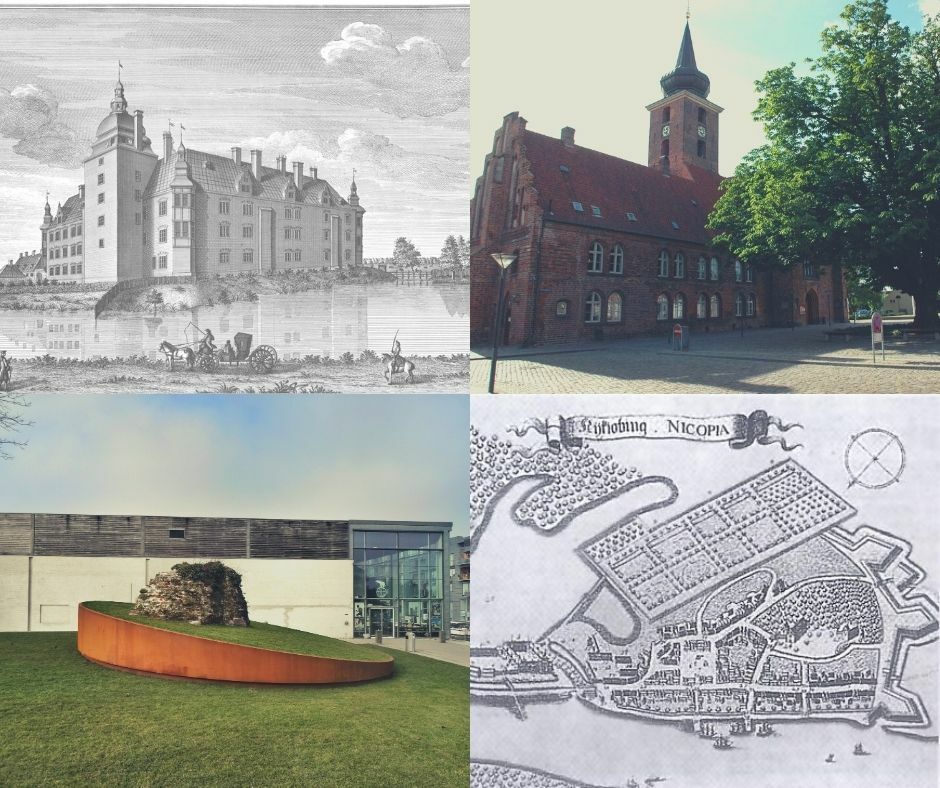 Collage af billeder og tegninger fra både det nye og det gamle Nykøbing F.