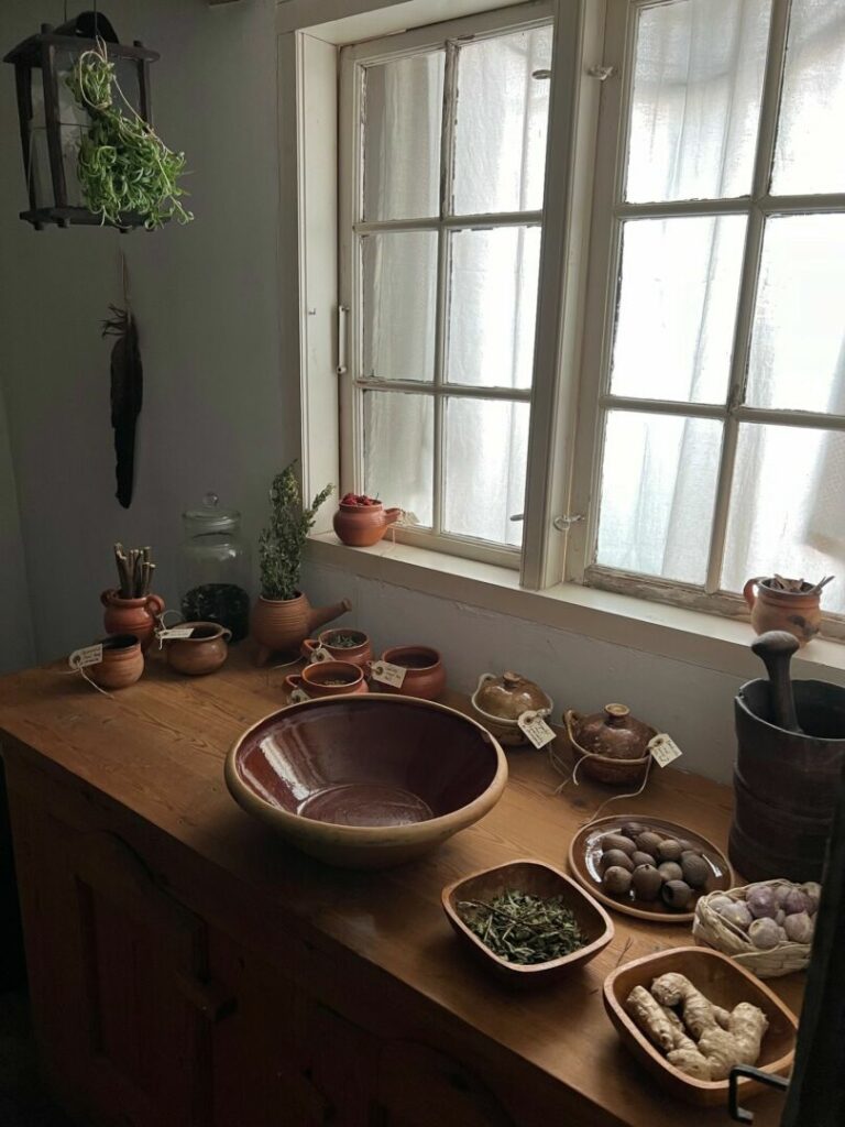Table with old clay dishes and bowls containing various ingredients for witch's brew