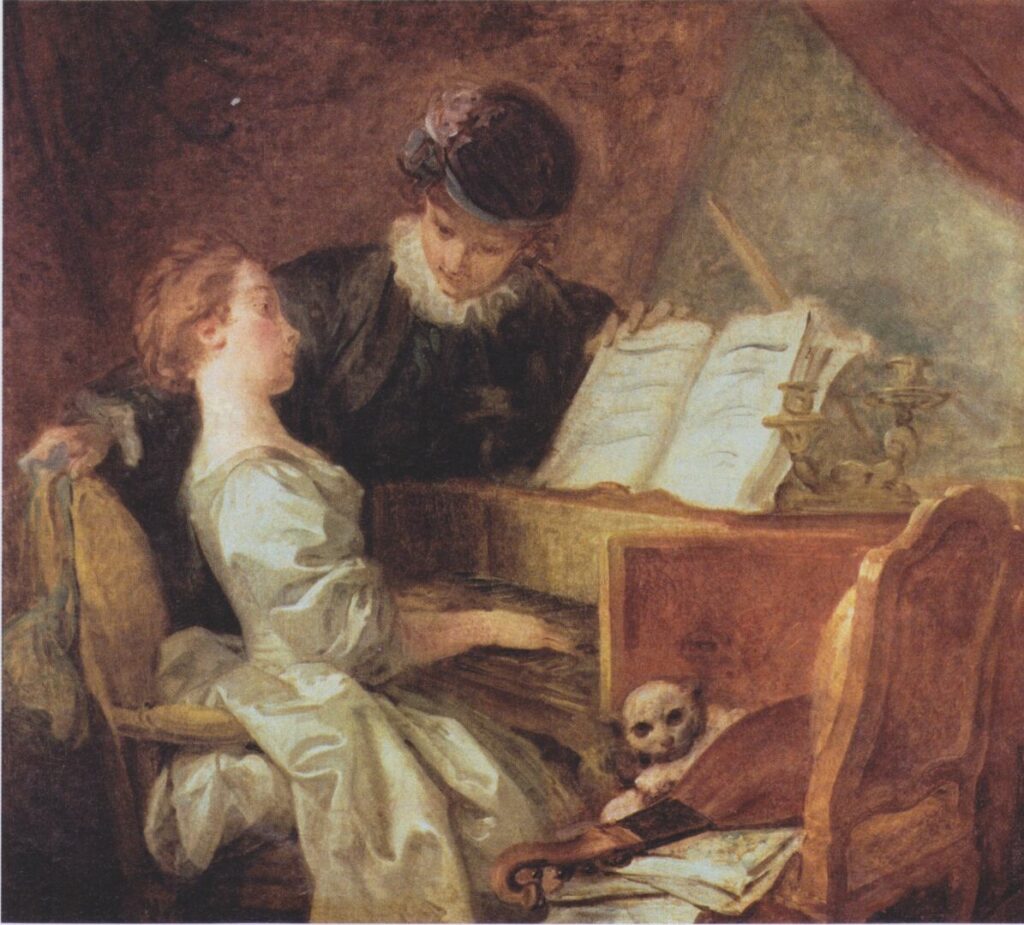 Maleri af ungt par i 1800-talsdragter. Kvinden spiller cembalo, manden betragter hende, lænet ind over hende.