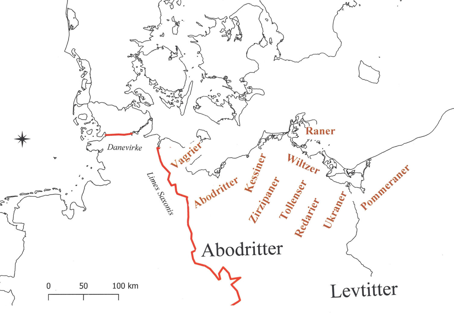 Kort over de slaviske stammer syd for Østersøen