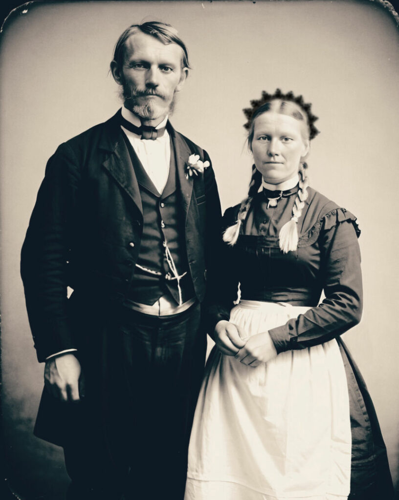 KI-generiertes Foto von Braut und Bräutigam, wie es im 1800. Jahrhundert ausgesehen haben könnte.